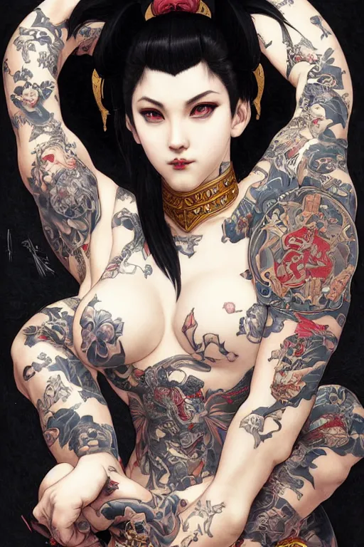 Prompt: portrait of goth Chun Li with yakuza tattoos, Street fighter, intricate, elegant, highly detailed, digital painting, artstation, concept art, smooth, sharp focus, illustration, art by artgerm and greg rutkowski and alphonse mucha and william-adolphe bouguereau and Gustav Klimt