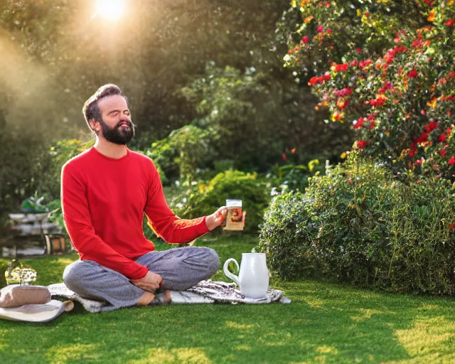 Image similar to mr robert is drinking fresh tea, smoke pot and meditate in a garden from spiral mug, detailed smiled face, short beard, golden hour, red elegant shirt