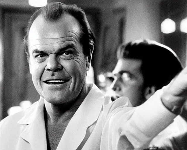 Image similar to jack nicholson plays termiantor, scene where his endoskelet gets exposet