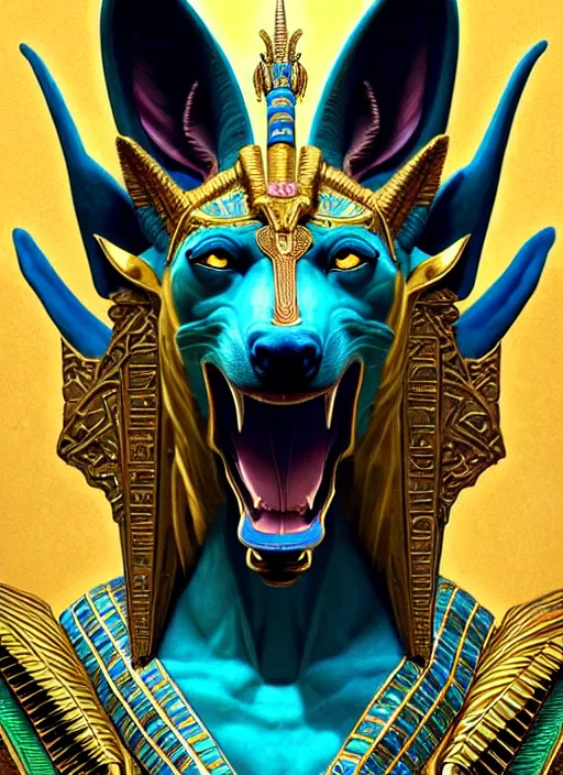 Image similar to enraged god anubis, snarling jackal with egyptian pharaoh headdress, ornate art nouveau botanicals, cyan and gold palette, fantasy, intricate, elegant, highly detailed, colorful, vivid color, digital painting, artstation, concept art, art by artgerm and greg rutkowski and ruan jia,