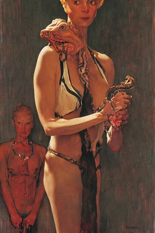 Image similar to portrait of fierce woman as with human head and serpent's body, norman rockwell, jacob collins, tom lovell, frank schoonover