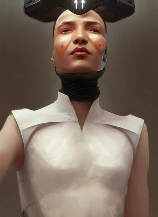 Prompt: future fashion futurism as thufir hawat, human computer, VR headset, cyber augmentation implant, digital art from artstation by Ruan Jia and Mandy Jurgens and Artgerm and william-adolphe bouguereau