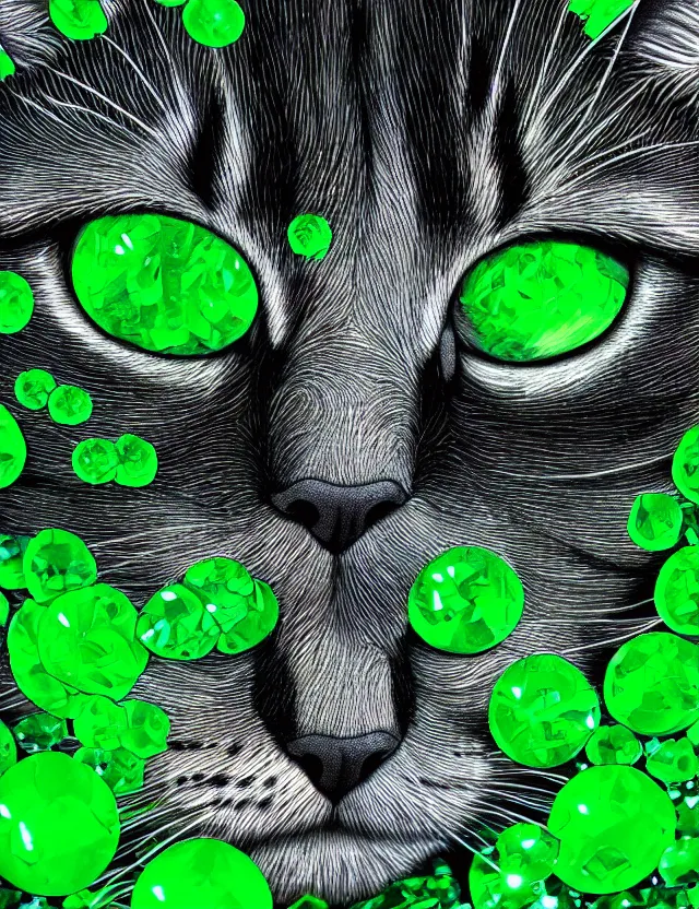 Image similar to a detailed illustration of a cat made of shiny green crystals, trending on artstation, digital art, 4 k resolution, detailed, high quality, sharp focus, hq artwork, coherent, insane detail, character portrait