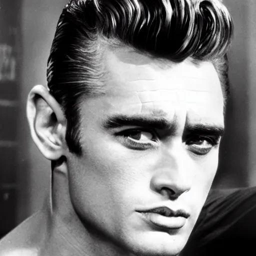 Image similar to genetic combination of james dean, elvis presley, sean connery, and frankenstein's monster. handsome man, prominent cheekbones, deep dimples, strong jaw, striking, hunk. face and upper body focus.