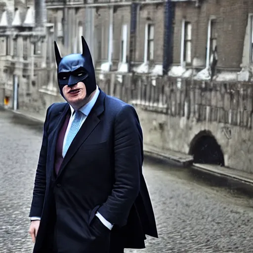 Prompt: Boris Johnson as Batman, move still