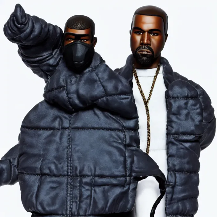 Prompt: a action figure of kanye west using a full face covering black mask, a small, tight, undersized reflective bright blue round puffer jacket made of nylon and big black balenciaga rubber boots, figurine, detailed product photo