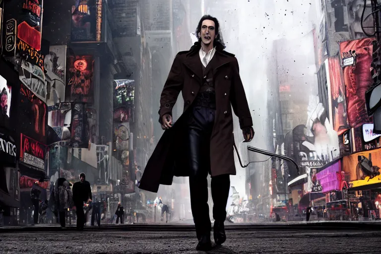 Image similar to vfx movie suave handsome grinning vampire with long white hair, trench coat, dual wielding large revolvers, ascending into the air in a shattered reality of new york city, by emmanuel lubezki