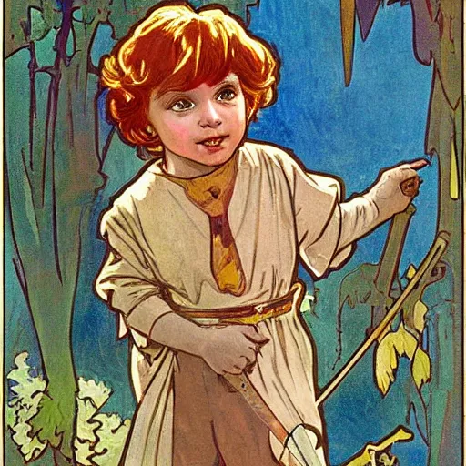 Image similar to a little boy with a mischievous face and short ginger hair. he is dressed as a knight. well composed, clean elegant painting, beautiful detailed face. colorful painting by steve ditko and jack kirby and alphonse mucha