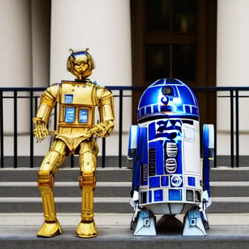 Prompt: portrait of r 2 - d 2 and c 3 p 0 in front of the whitehouse