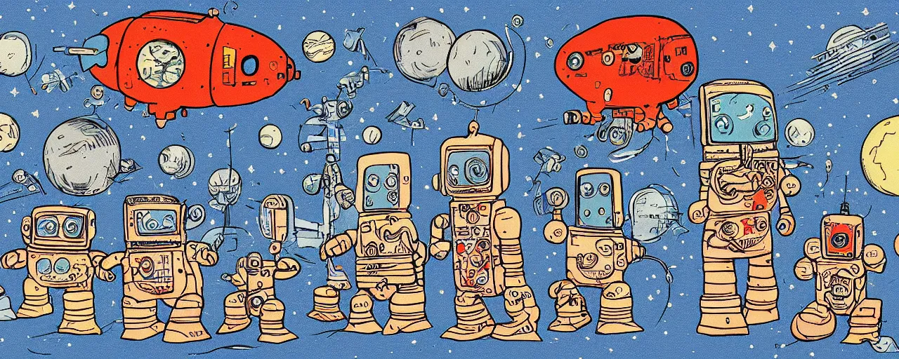 Prompt: cute robots working on the moon trending on artstation 8K pincushion lens effect, robert crumb cartoon