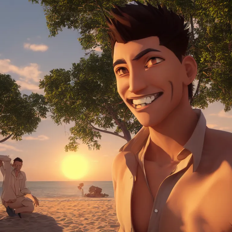 Image similar to Render of a very handsome 3d anime-style man, short hair, brown eyes, round face, cute smile, 5 o-clock shadow, open shirt, hairy chest, golden hour, serene beach setting, medium shot, mid-shot, highly detailed, trending on Artstation, Unreal Engine 4k