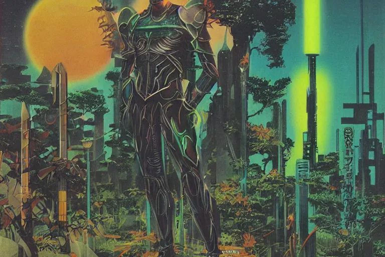 Image similar to 1979 OMNI Magazine Cover of a Druid elf with armor at a Garden park in Neo-Tokyo in cyberpunk style by Vincent Di Fate