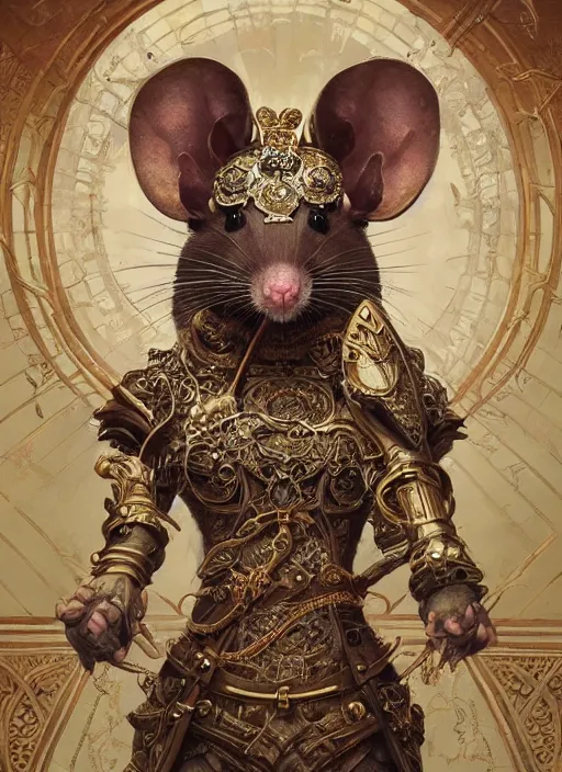 Prompt: symmetry!! portrait of a pet rat wearing detailed ornate armor, intricate, elegant, highly detailed, my rendition, digital painting, behance, concept art, smooth, sharp focus, illustration, art by artgerm and greg rutkowski and alphonse mucha and huang guangjian and gil elvgren and sachin teng