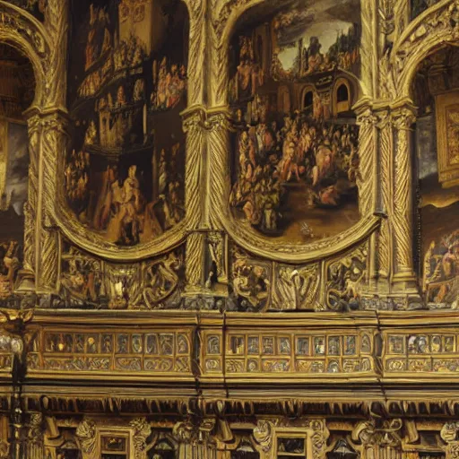 Prompt: leuven town hall, renaissance painting, intricate detail,