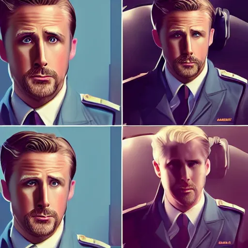 Prompt: Ryan Gosling Cinematic, a character study of the epic handsome male character wearing Pilot Uniform. character half body portrait, by,jc leyendecker, Ross Tran and WLOP, ARTSTATION, cgsociety, polycount, character design