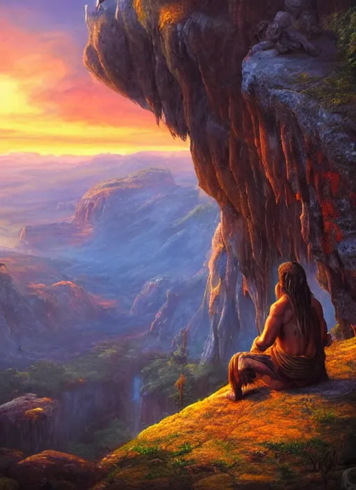 Prompt: an shaman sitting at the top of a cliff, looking down at the valley, doing a vision quest, beautiful sunset, dramatic lighting, fantasy art, smooth matte painting