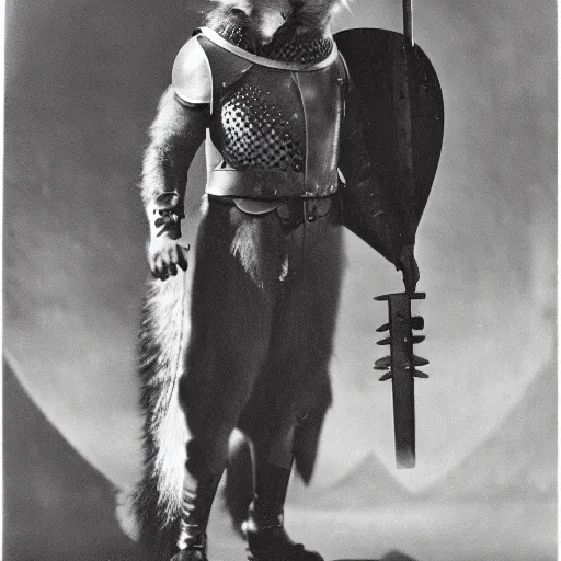 Image similar to anthropomorphic fox who is a medieval knight, 1930s film