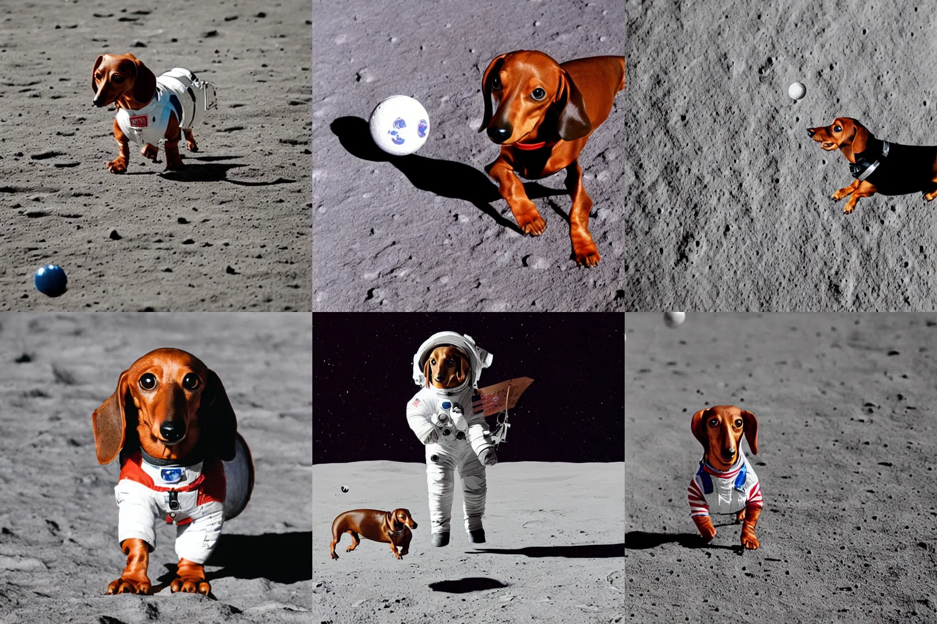 Prompt: A dachshund wearing an astronaut suit walking on the surface of moon and playing with a ball