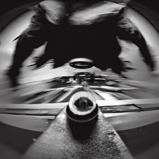 Prompt: award winning close up, black and white only, photo of, Tony Hawk, skateboarding, doing a 900, in the 1986 vert contest, by J. Grant Brittain, Atiba Jefferson, C. R. Stecyk III, fisheye lens, detailed faces, detailed skateboard, 8k, sharp image, balanced composition