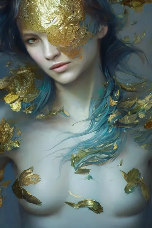 Prompt: face closeup of beautiful girl in intricate detailed color smashing fluid oilpaint, 3 d render, hyper realistic detailed portrait, gold leaves, ruan jia, wlop. scifi, fantasy, hyper detailed, octane render, concept art, by peter mohrbacher, by wlop, by ruan jia