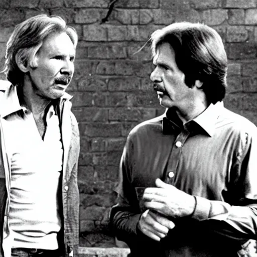 Prompt: movie still, 1 9 8 0 s, harrison ford and john carpenter talking