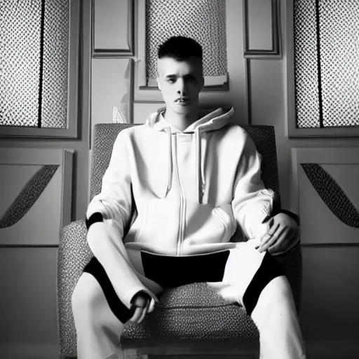 Prompt: Young white Almighty God, wearing tracksuit sitting in armchair in poor european apartment. Perfect composition. Digital art, in style of Viktor Miller-Gausa, intricate stunning texture and details, fine detailed face. Dramatic lighting