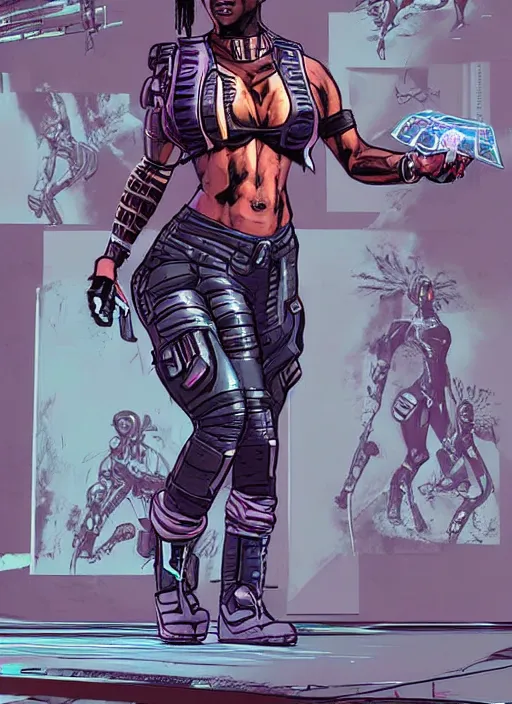 Image similar to sonya igwe. apex legends cyberpunk fitness babe. concept art by james gurney and mœbius.