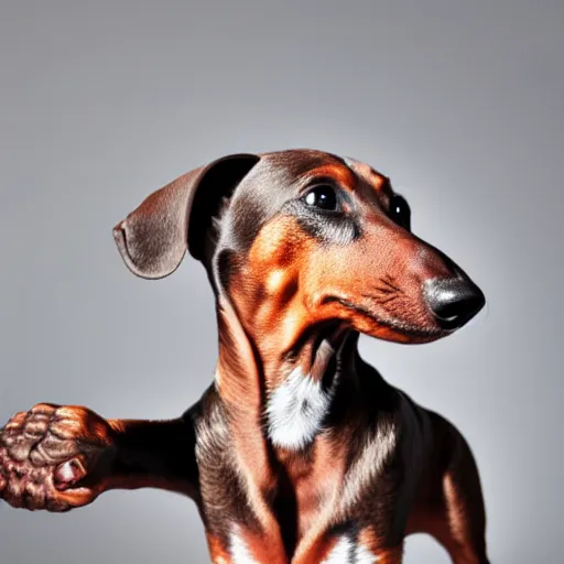 Prompt: dachshund flexing biceps, photography, studio lighting