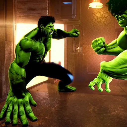 Image similar to the hulk fighting against spider-man in a bar, photorealistic, high detail, cinematic