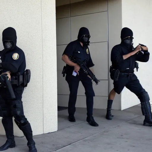 Prompt: A bank robbery in los angeles, the robbers in full body armor