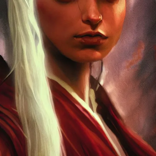 Image similar to a still from “ lord of the rings ” of a head and shoulders portrait of a female red - skinned winged tiefling warlock, photo by phil noto
