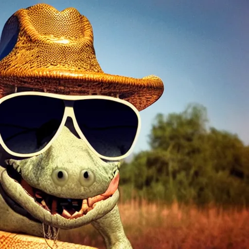 Prompt: a really cool aligator wearing a cowboy hat and sunglasses,