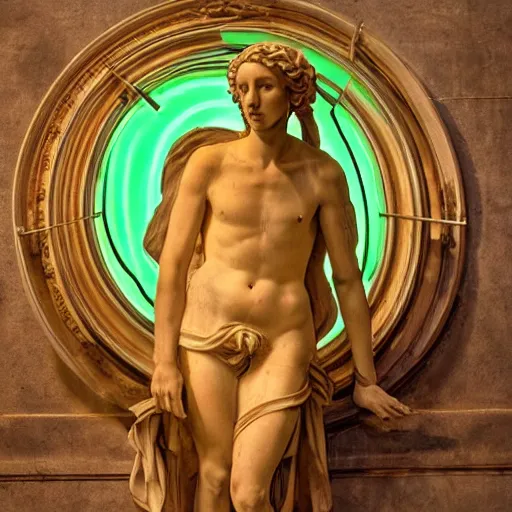 Image similar to renaissance statue surrounded by a neon frame, highly detailed