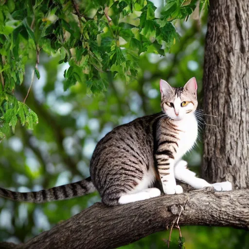 Prompt: Outdoor cat sitting in tree with green eyes