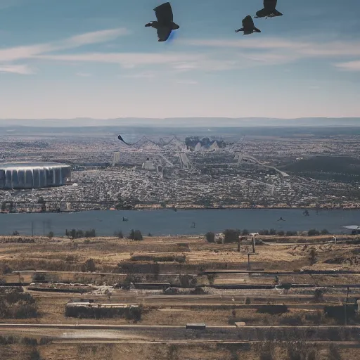 Image similar to sci fi nuclear containment buildings in an expansive river valley with a city in the distance, a sense of hope and optimism, birds overhead, stark light, day time, unsplash, national geographic, hd, high res