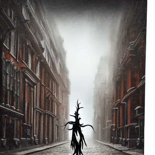 Image similar to ominous wendigo walking through the center of old london city, oil painting, gloomy misty atmosphere, symmetrical, full body image, highly ornate intricate details, very sharp photo,