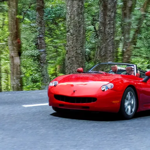 Image similar to red barchetta driving up a mountain with trees on both sides of the road, cinematic, beautiful