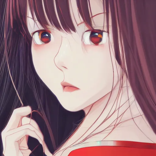 Image similar to An ultradetailed portrait close-up Japanese girl with red long hair, nekomimi, symmetrical facial features, digital art, cel shading, dreamy and ethereal, by Shinkai Makoto ,Kyoto Animation, anime illustration, trending on Pixiv.