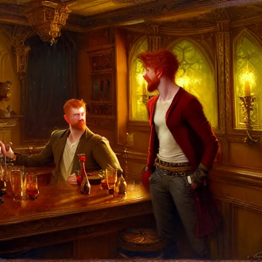 Image similar to attractive male mike with ginger hair and attractive male tyler with brunet hair, drinking their hearts out, in their noble mansion, at night. highly detailed painting by gaston bussiere, craig mullins, donato giancola, j. c. leyendecker 8 k