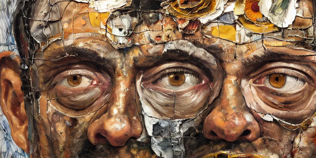 Image similar to a close up portrait a very ordinary middle-aged man with a sad expression, front angle, by Anselm Kiefer and Lucian Freud and Jenny Saville, oil painting, rust, Scaffolding, rusted metal and sunflowers, iron cladding, decay, mixed media, textured, anatomically correct, beautiful perfect face, visible brushstrokes, sharp focus, Highly Detailed, photographic emulsion peeling, Cinematic Lighting, 8k, HD