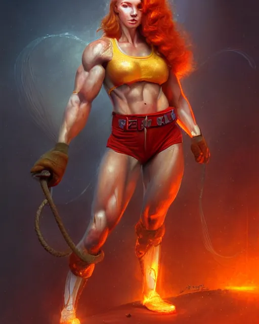 Prompt: muscular female firefighter, perfect face, ginger hair, abs, cinematic, stunning, cute, adorable, athletic, strong, agile, highly detailed, psychedelic, digital painting, artstation, smooth, hard focus, illustration, art by jessica rossier and and brian froud