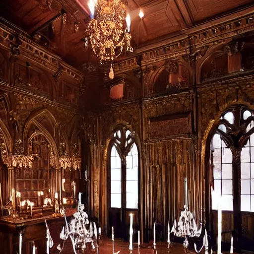 Image similar to gothic hall with large chandeliers under the ceiling, horror style