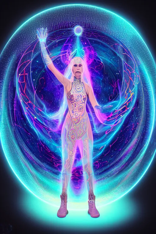 Image similar to full body female neopunk wizard opening a portal to the sidereal multiverse, intricate galaxy inlay, plasma neon glow, consciousness projection, astral projection, wide angle, super highly detailed, professional digital painting, artstation, concept art, smooth, sharp focus, no blur, no dof, extreme illustration, Unreal Engine 5, Photorealism, HD quality, 8k resolution, cinema 4d, 3D, beautiful, cinematic, art by artgerm and greg rutkowski and alphonse mucha and loish and WLOP