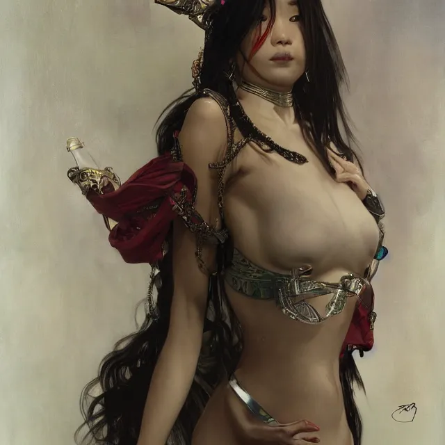 Image similar to asian domme mistress, full body, dominatrix, tribal, smooth white tight clothes suit, ornate, very beautiful, concept art, realistic painting, androgynous, afrofuturism, daz 3 d, cinematic, cgsociety, digital art by greg rutkowski, by alphonse mucha