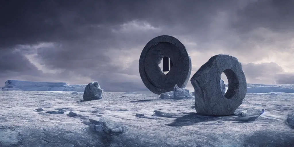 Image similar to a circular stone stargate in antarctica, intricate, octane render, photorealistic, matte painting, high definition, stormy clouds, scifi