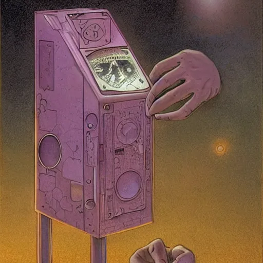 Image similar to A installation art. A rip in spacetime. Did this device in his hand open a portal to another dimension or reality?! warm violet by Chris Ware, by Brian Froud defined, realist