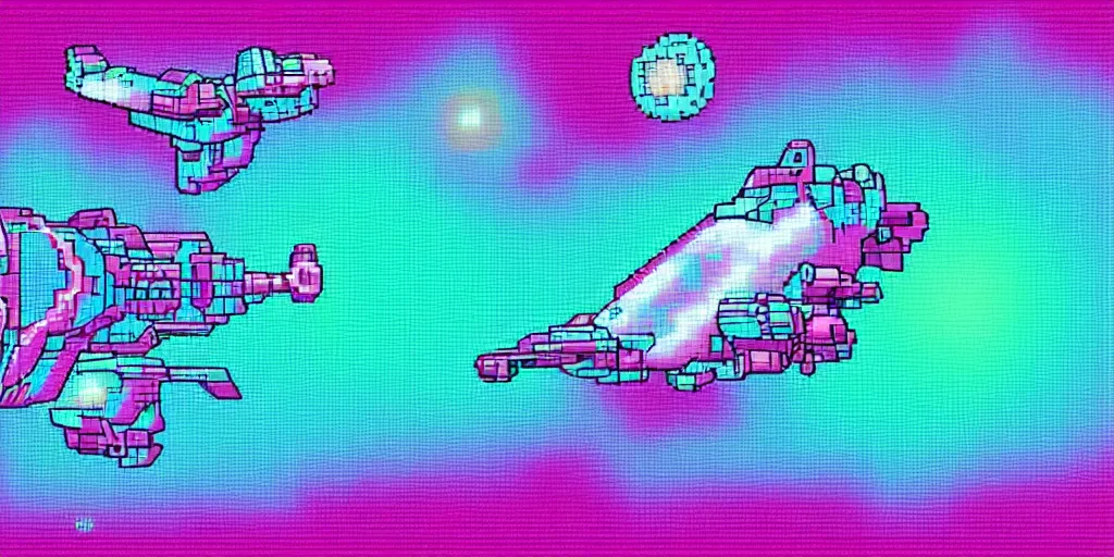 Prompt: cyan blue and pink spaceship in a galaxy, pixelart style