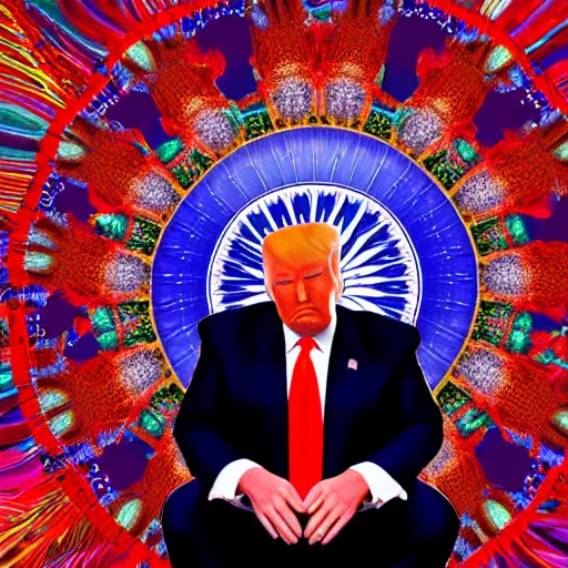 Image similar to Donald trump sitting Indian style with cgi style psychedelic visions expanding outward from his mind