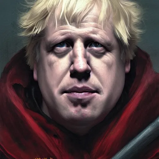 Image similar to Boris Johnson as the persona of the game DOOM highly detailed character in digital fantasy, painted portrait, artstation, concept art, hard focus, illustrations, works by Artgerm and Greg Rutkowski, Alphonse Mucha and Craig Mullins, James Gene, Andrey Ryabovichev, Mark Simonetti and Peter Morbacher, 16 thousand