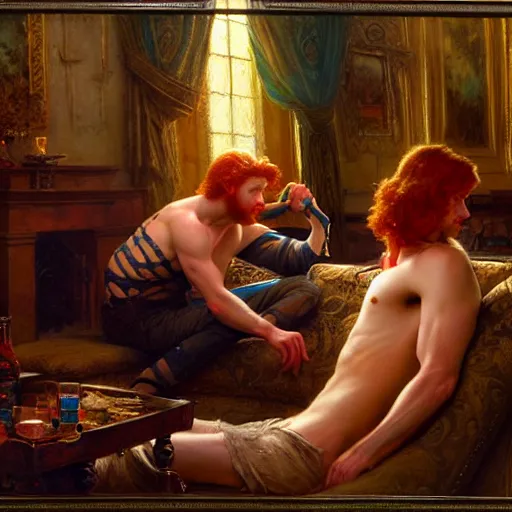 Prompt: attractive male mike with ginger hair with attractive male tyler with brunet hair, drinking their hearts out, in their noble mansion. highly defined painting, highly detailed painting by gaston bussiere, craig mullins, donato giancola 8 k